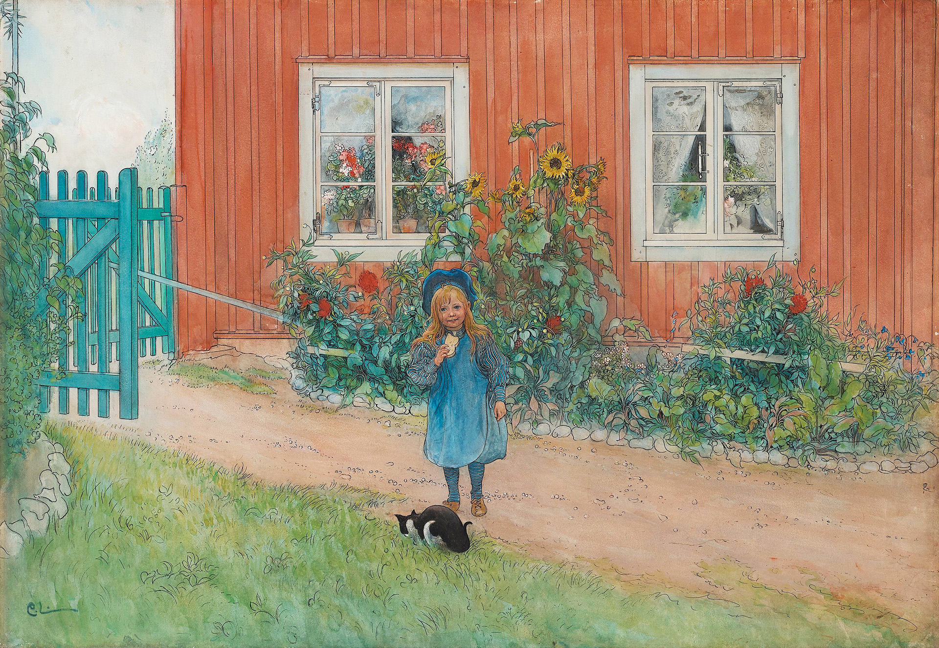 Carl-Larsson-Brita-en-katt-och-en-smorgas-akvarell-1898
